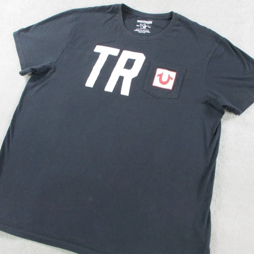 True Religion T Shirt Adult 3XL XXXL Black Pocket Graphic Print Crewneck Cotton